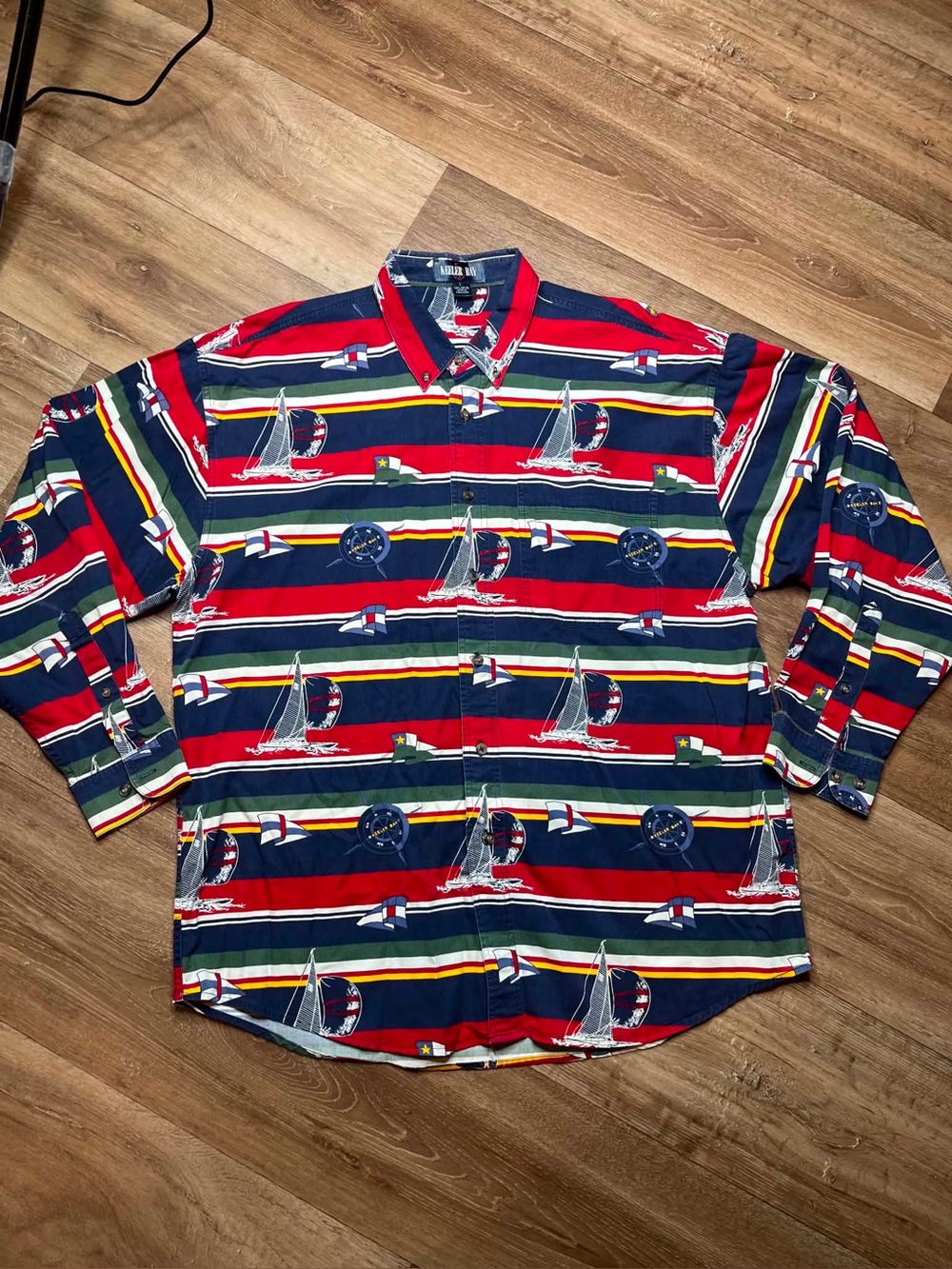 Vintage Keeler Bay L Nautical Sailboat Compass Print Button Front Shirt 90s